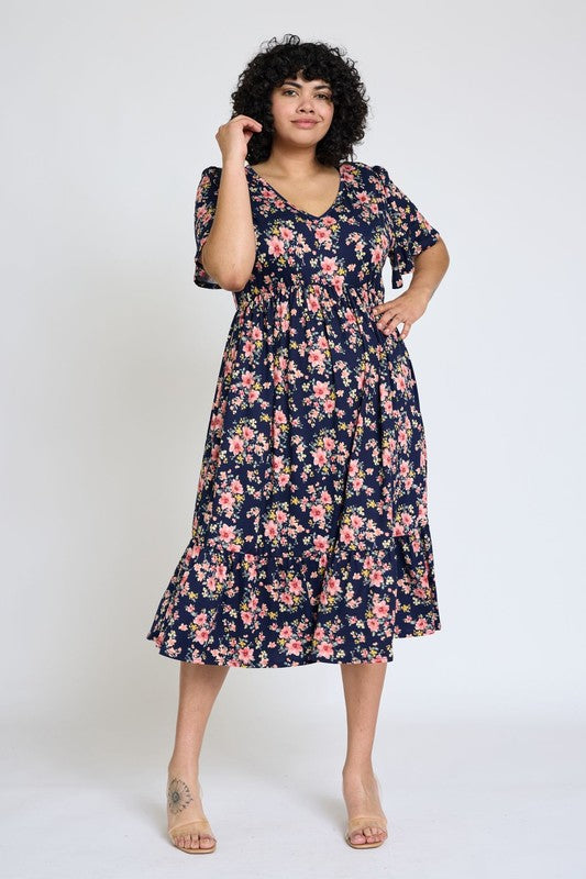 Floral, Angel Sleeve Midi Dress - Plus Size