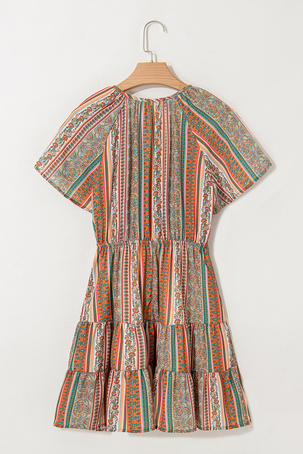 Red Bohemian Ruffle Tiered Dress - Floral Print, Buttoned, V Neck