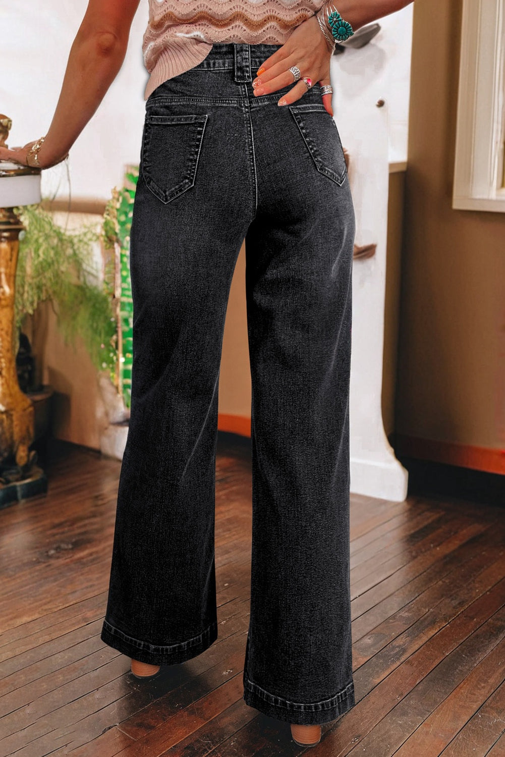Pocketed High Waist Jeans - Wide Leg