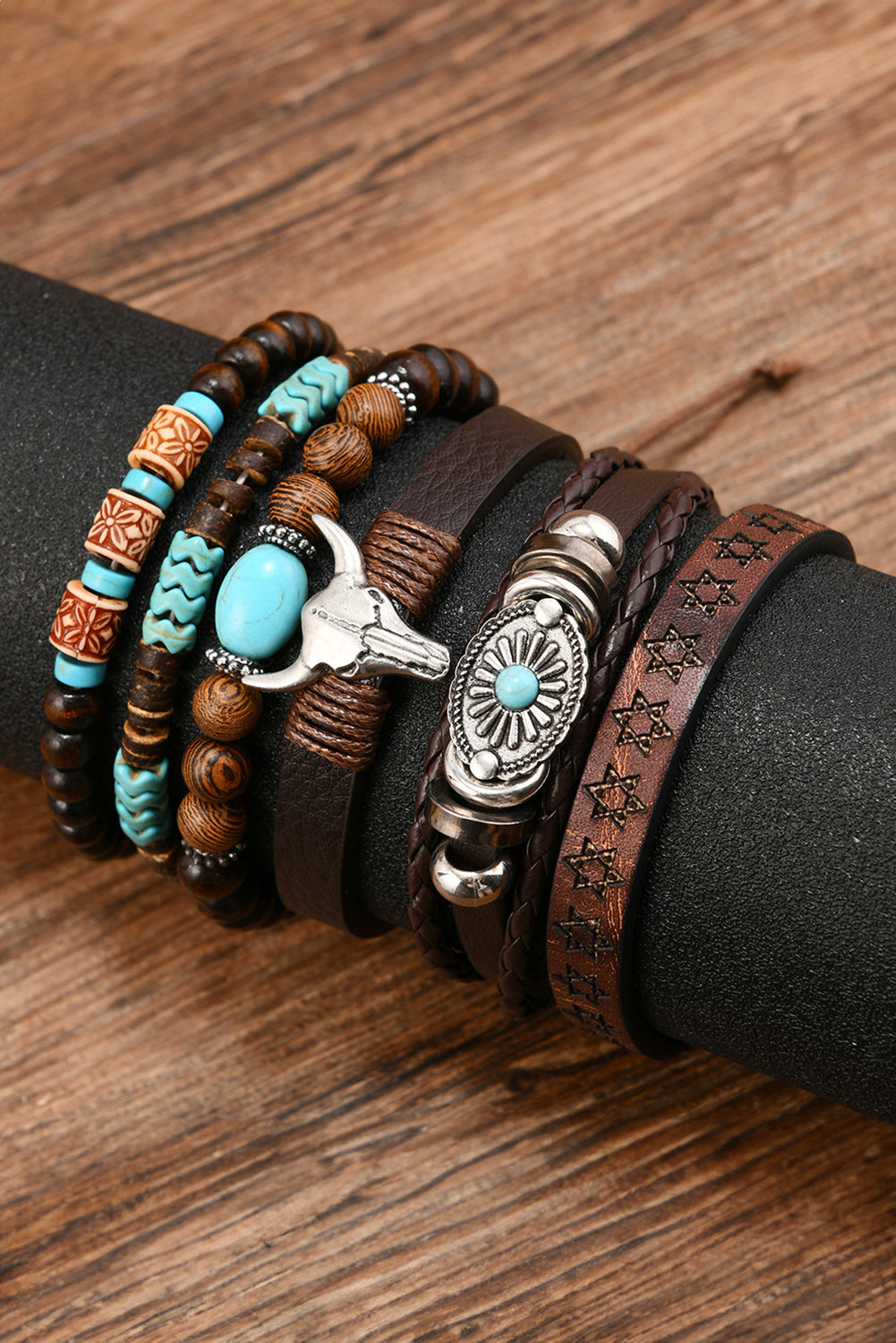 6 Piece, Western Bull Skull, Turquoise Beading Bracelet