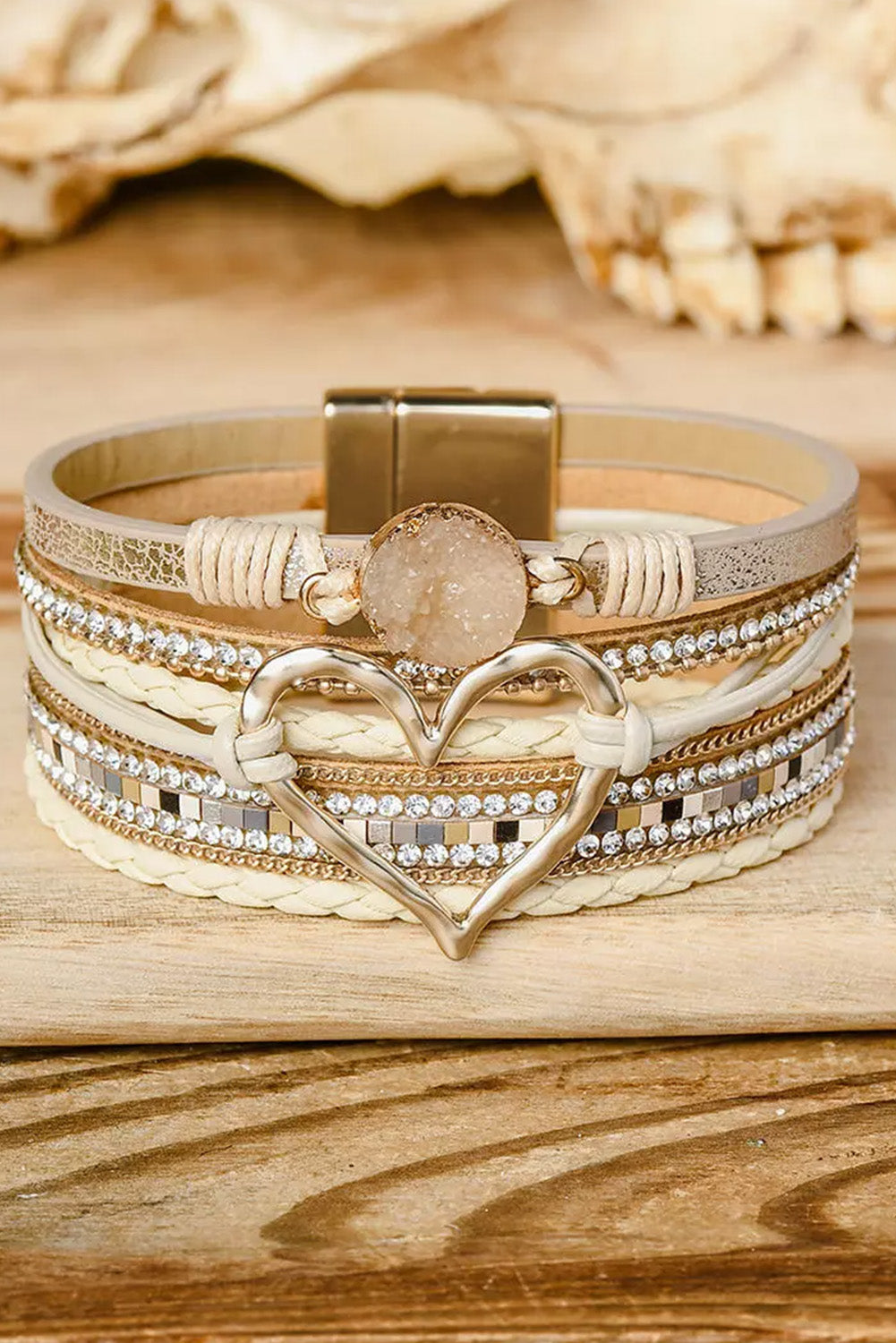 Bohemian-Inspired Heart Rhinestone Bracelet - Magnetic Closure