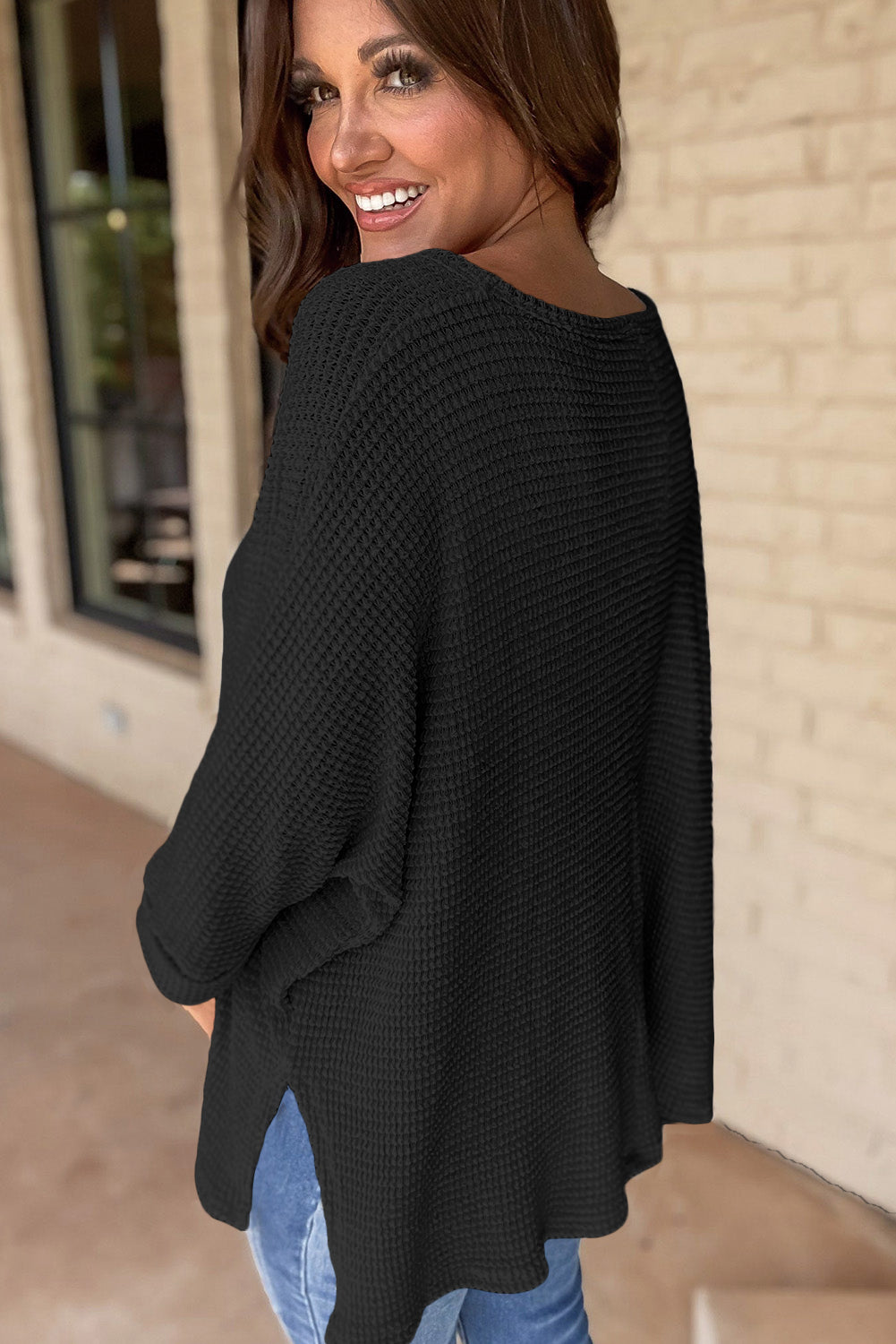 Waffle Knit V-Neck Top - Side Slits, Loose Fit