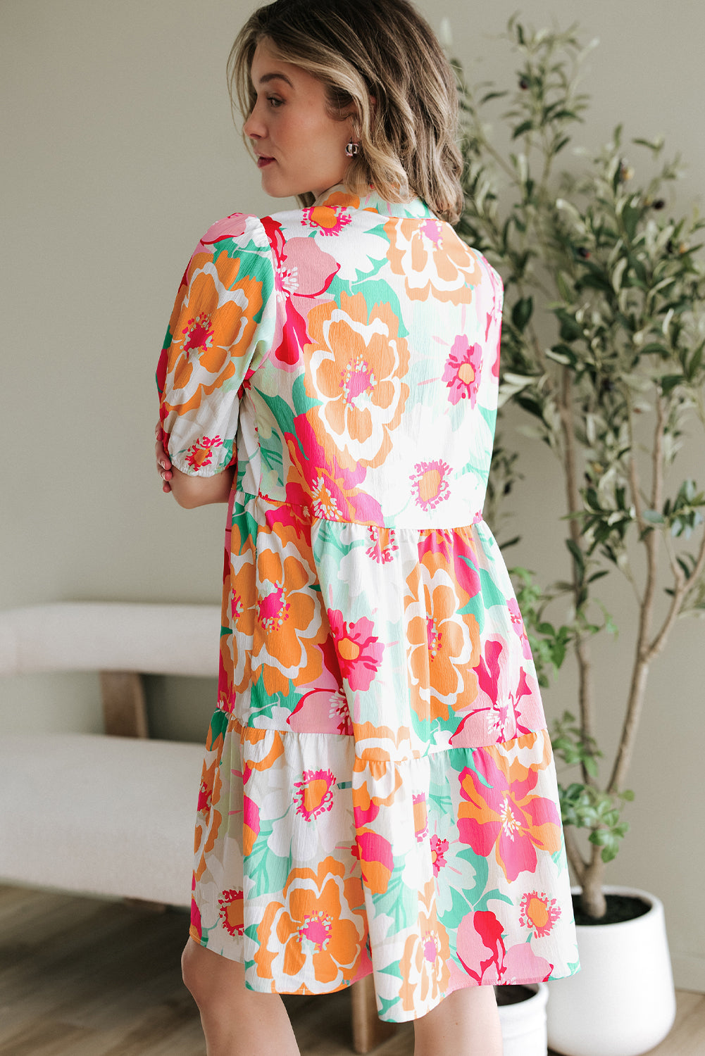 Babydoll Dress w/Floral Puff Sleeve
