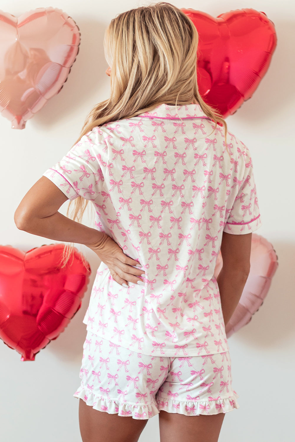 Bowknot Print, Short-Sleeve Pajama Set - Ruffled Shorts