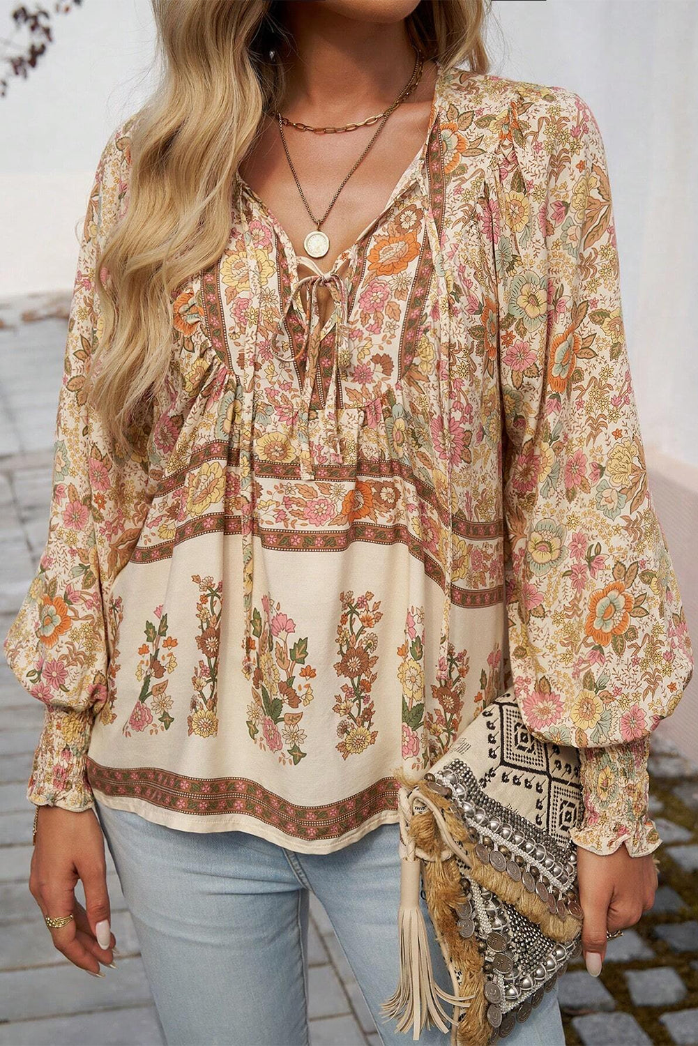 Feminine Floral Print, Lantern Sleeve Blouse