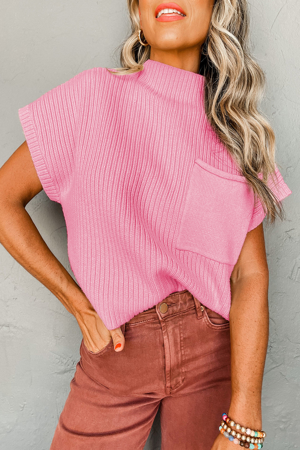Ribbed Knit, Short Sleeve Sweater