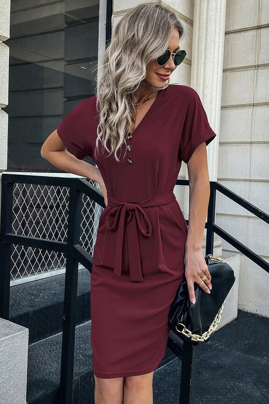 V-Neck Dress - Solid Button Detail, Cuffed Sleeves