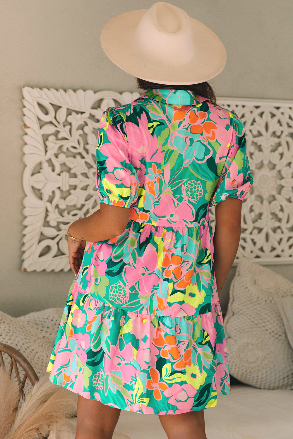 Babydoll Dress w/Floral Puff Sleeve