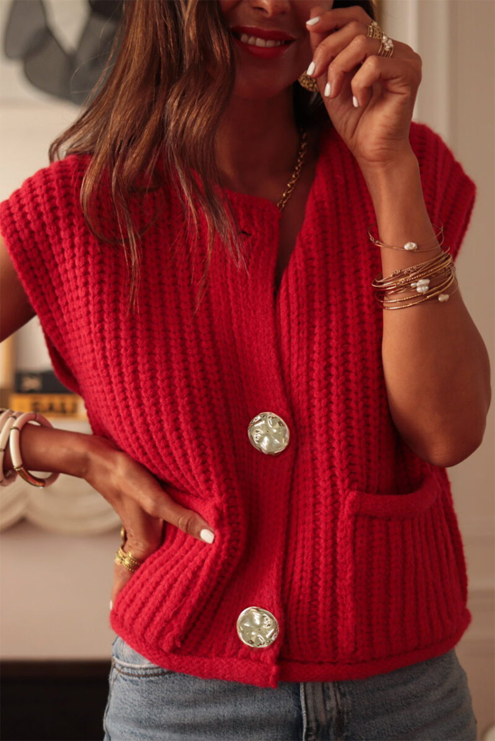 Textured Knit Sweater-Vest w/Buttoned Front Closure