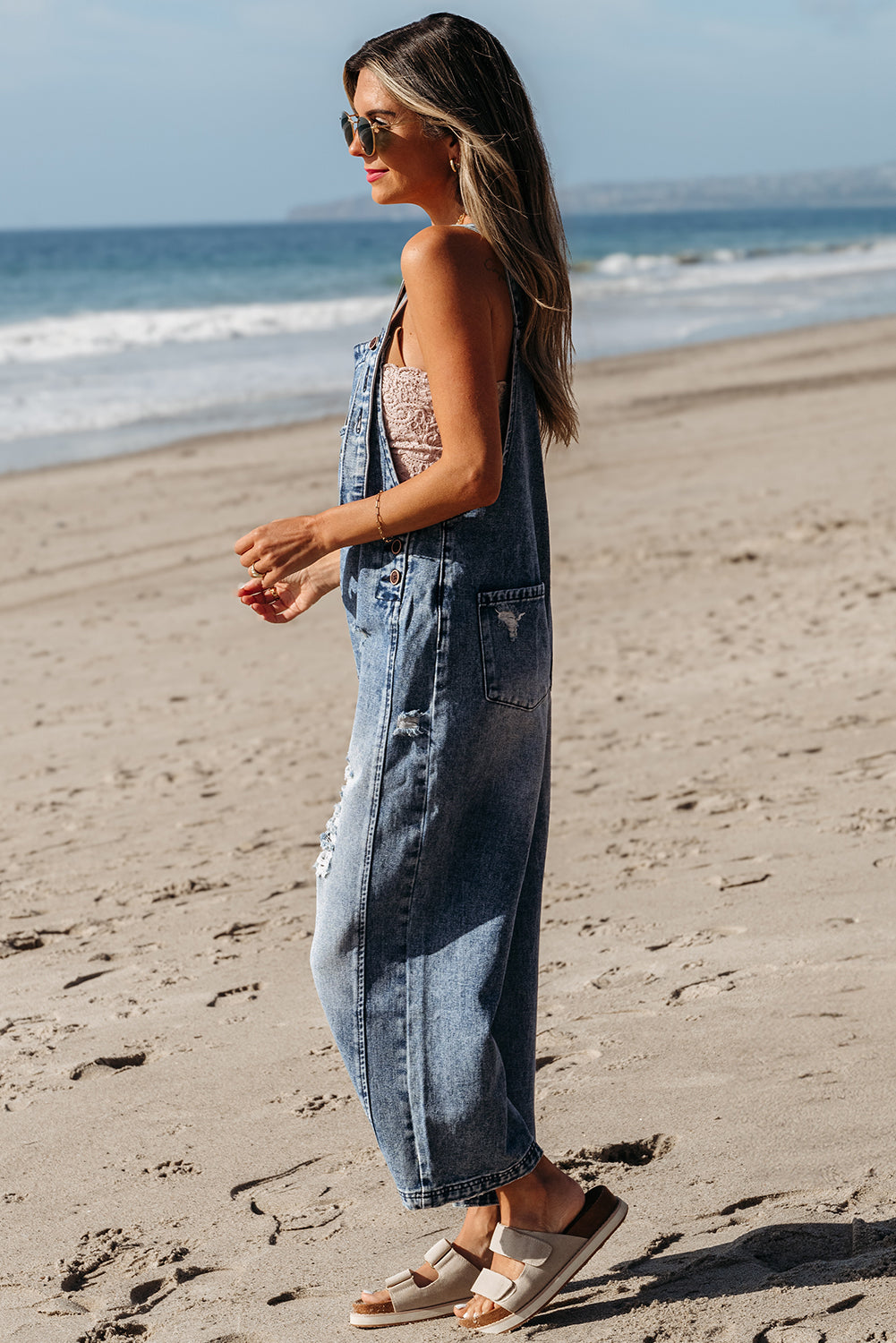 Stone Blue, Distressed Denim, Bib Overall  - Pockets, Wide Leg