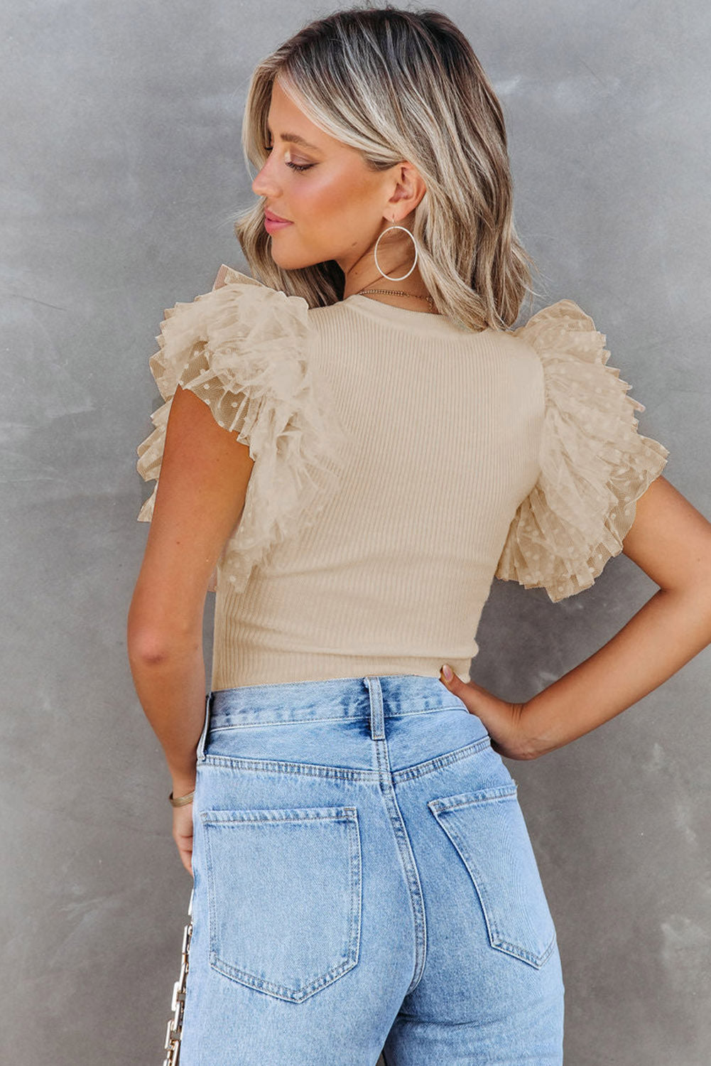 Ribbed Knit Top w/Dotty Mesh Ruffle Sleeve