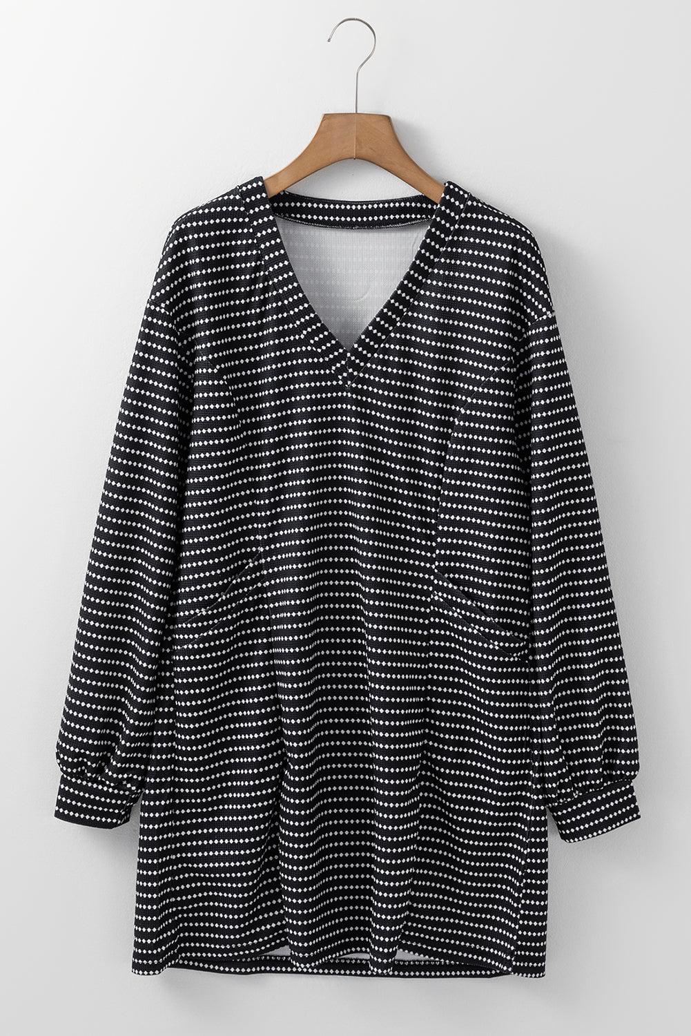 Striped Long Sleeve Shift Dress - V-Neck