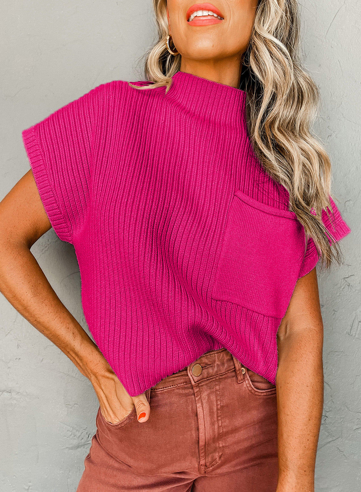 Ribbed Knit, Short Sleeve Sweater