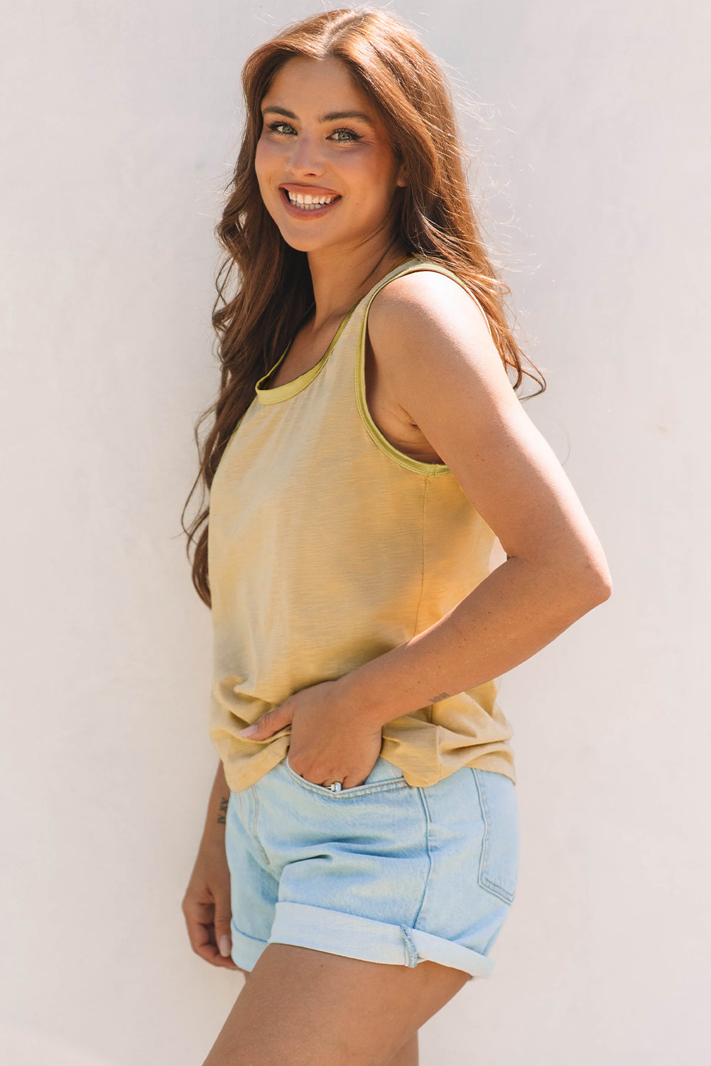 Scooped Neck Tank Top w/Metallic-Sheen Edging