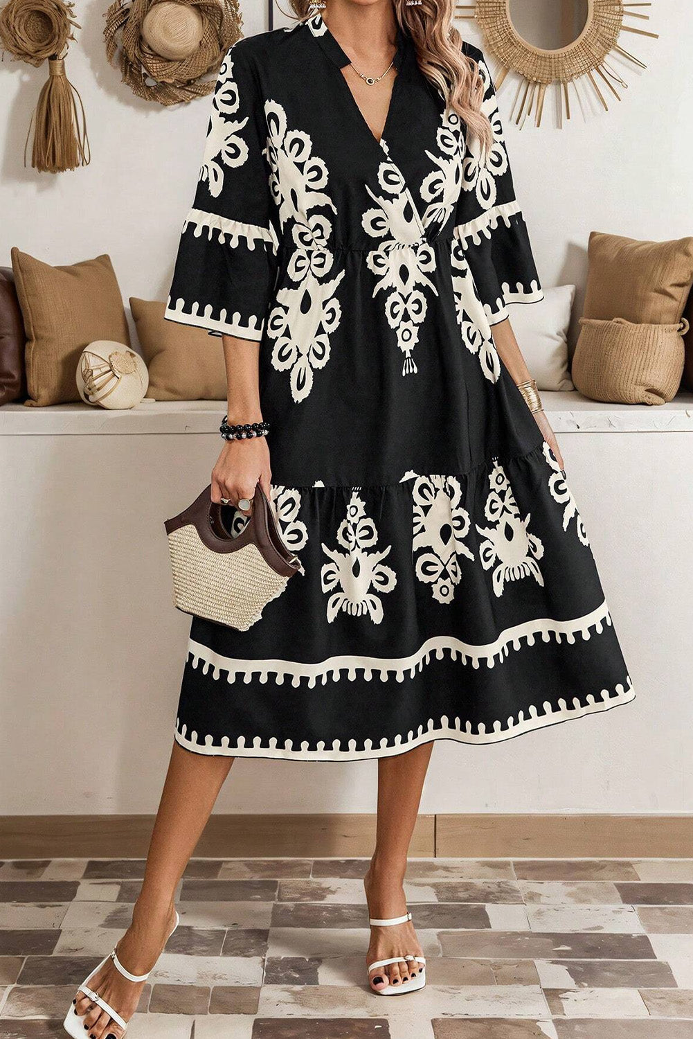 3/4 Sleeve Loose Midi Dress - Black Boho Print