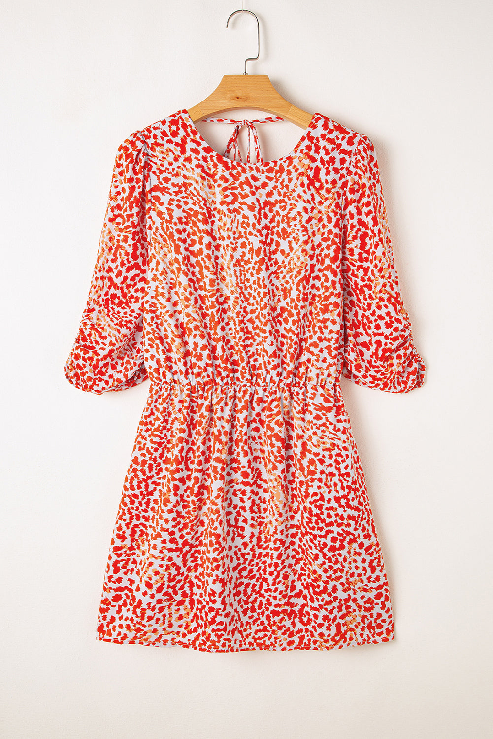 Tomato Red, Leopard Print Mini Dress - Long Sleeve, Hollowed Back, Split