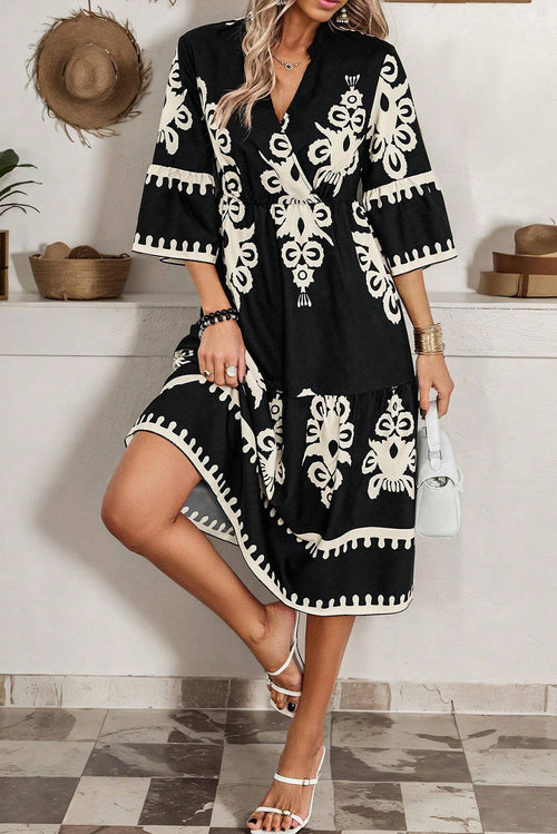 3/4 Sleeve Loose Midi Dress - Black Boho Print