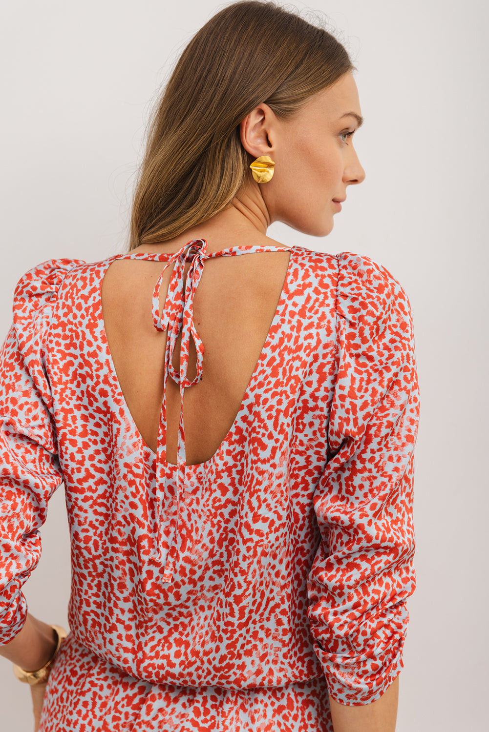 Tomato Red, Leopard Print Mini Dress - Long Sleeve, Hollowed Back, Split