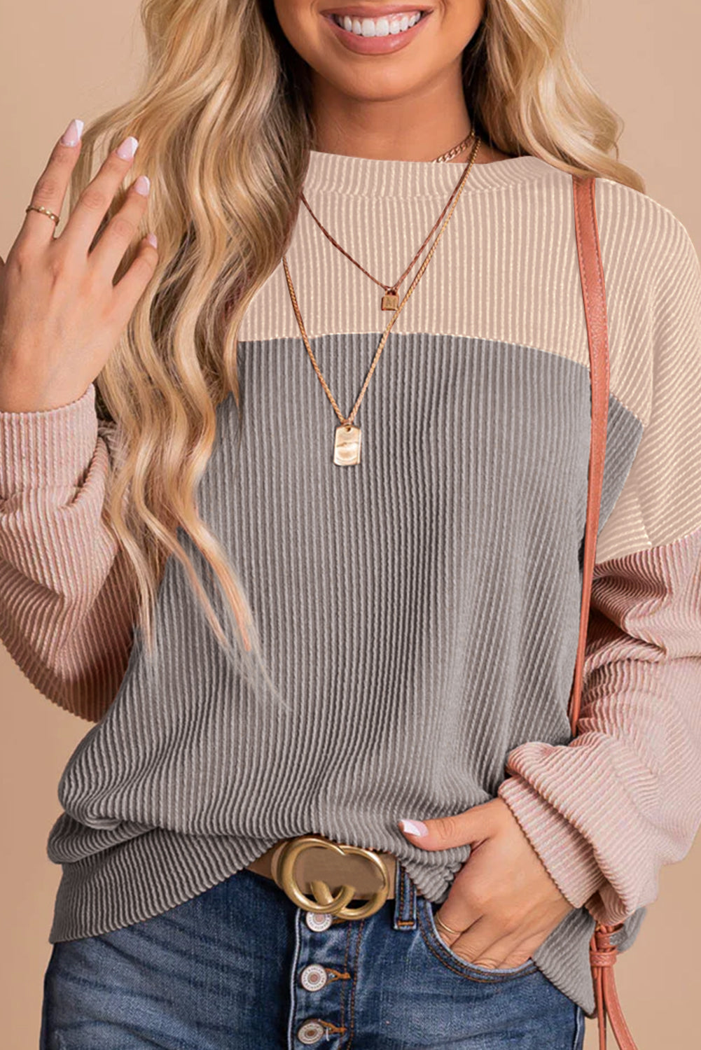 Color Block, Long Sleeve Loose Top - Ribbed Texture
