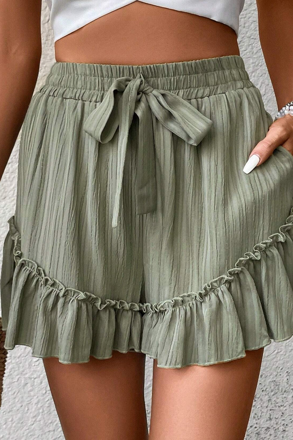 Laurel Green Ruffle Hem Shorts - Tie Waist
