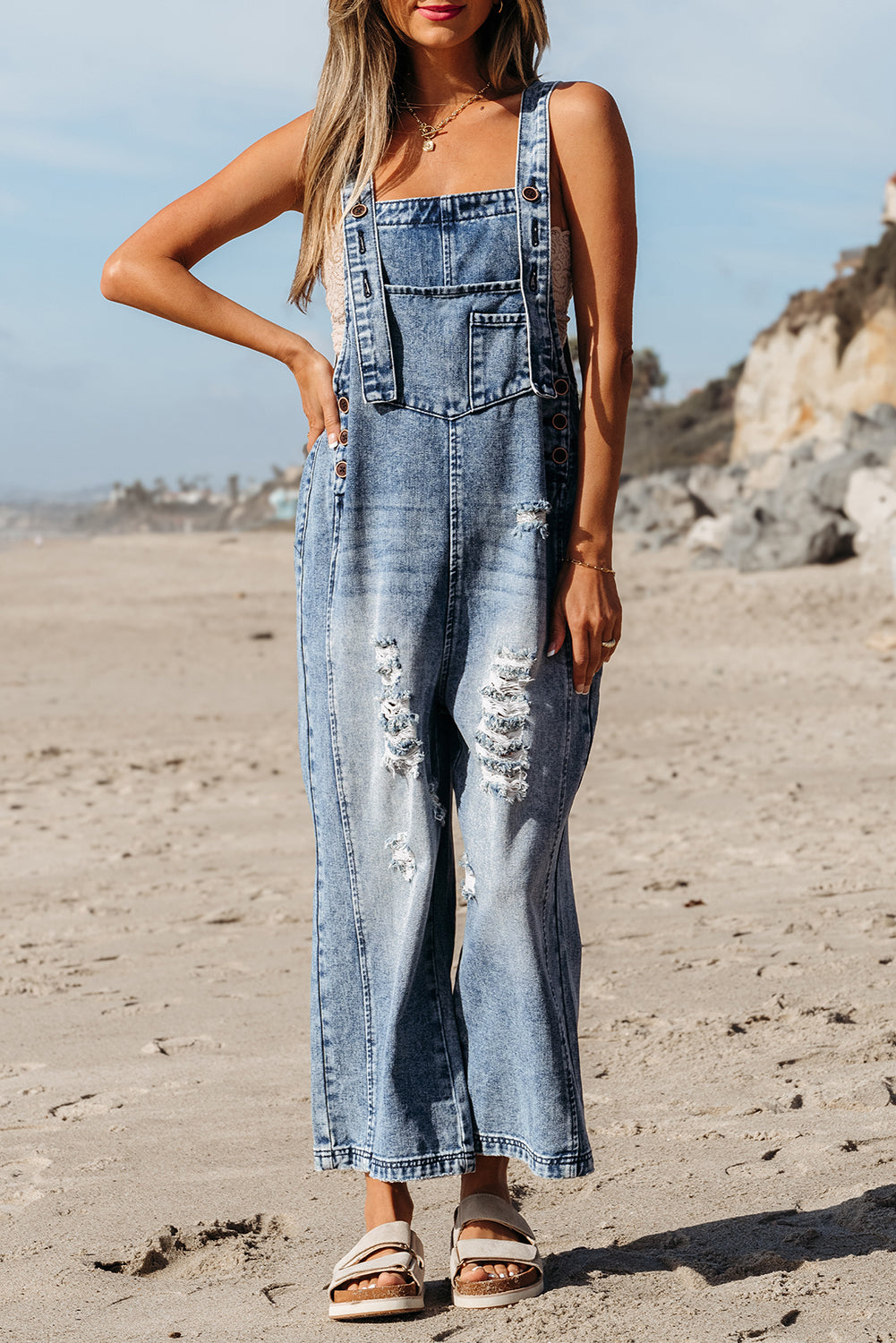 Stone Blue, Distressed Denim, Bib Overall  - Pockets, Wide Leg