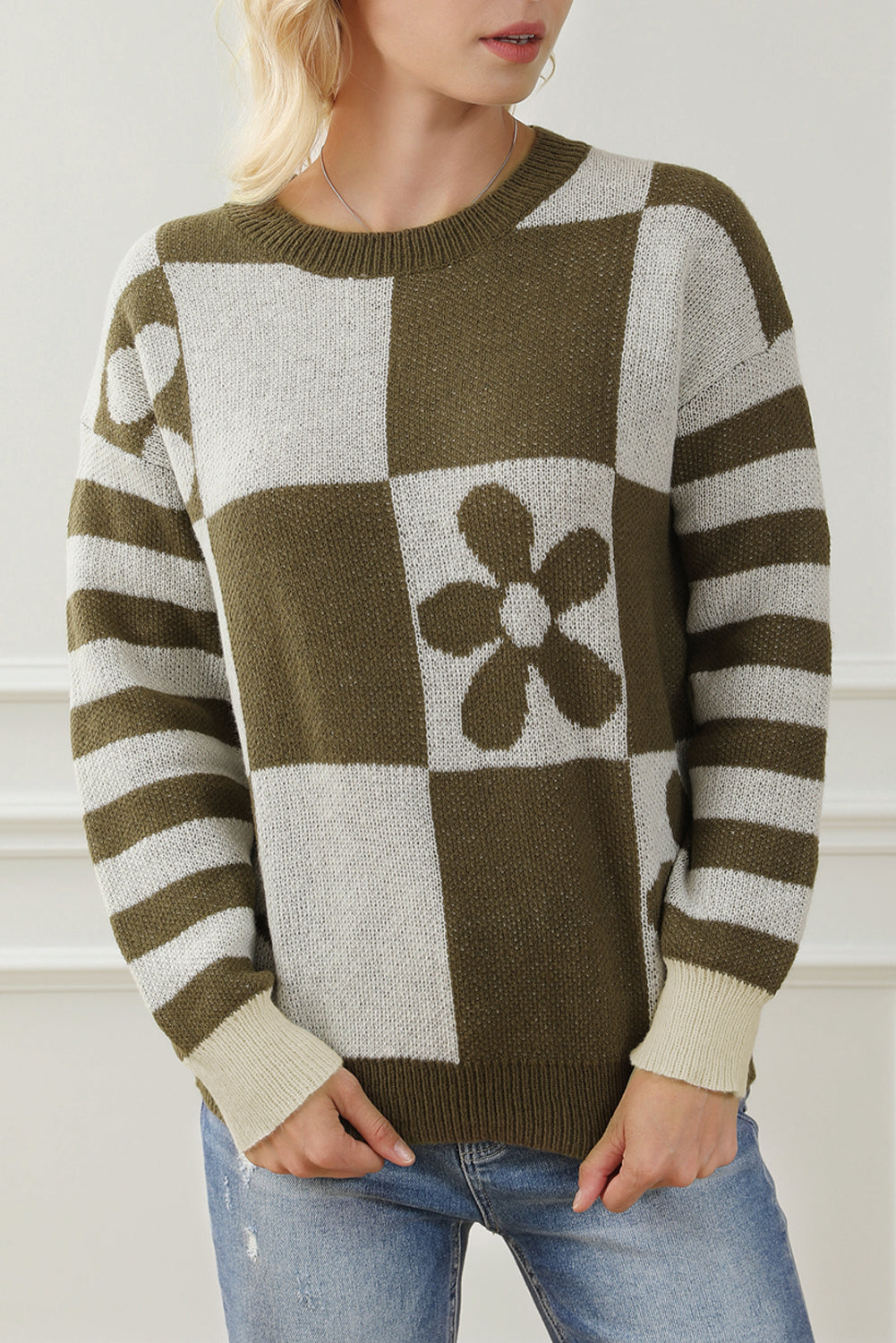 Checkered Floral Print Sweater