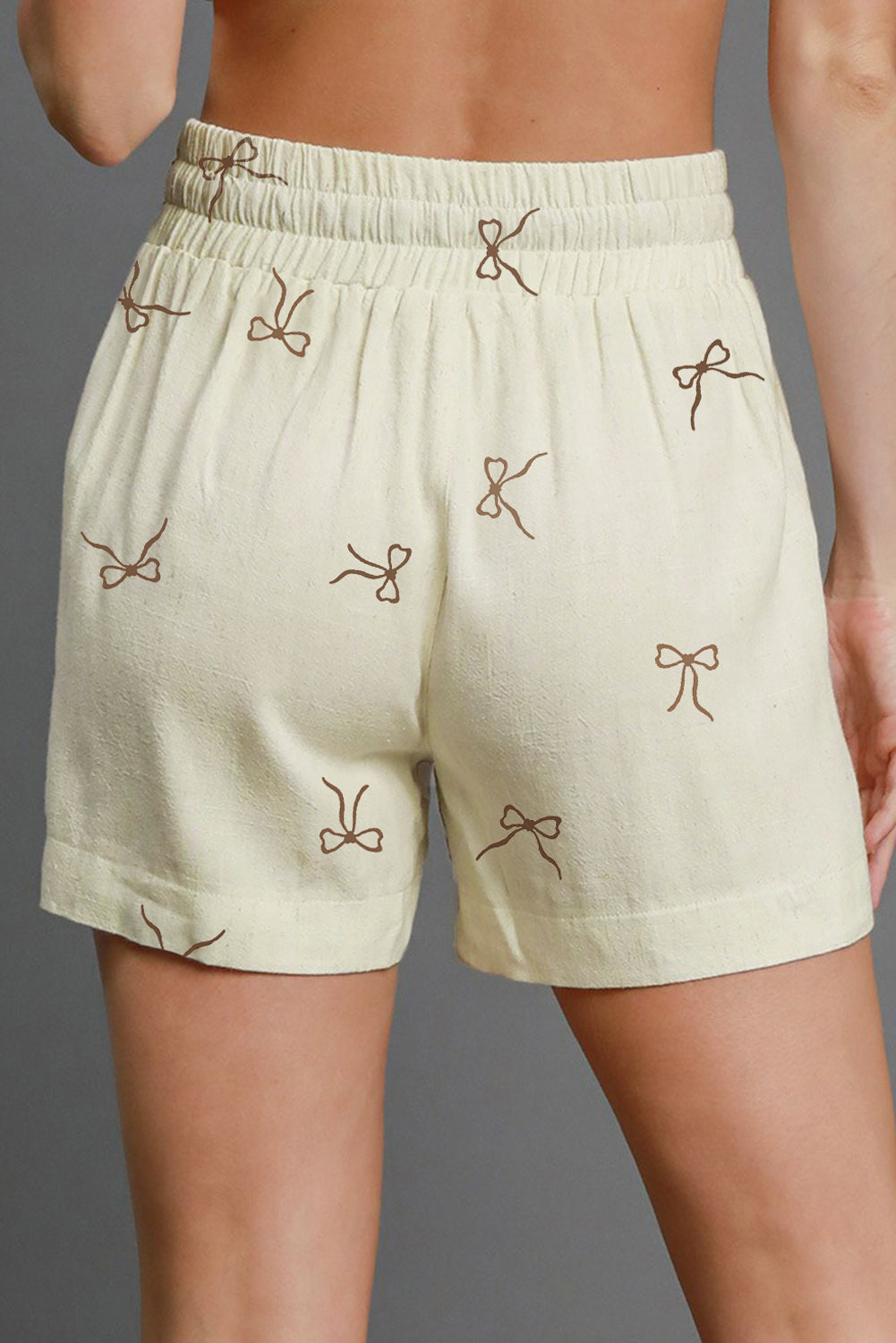 White, Bow Print, Drawstring Shorts