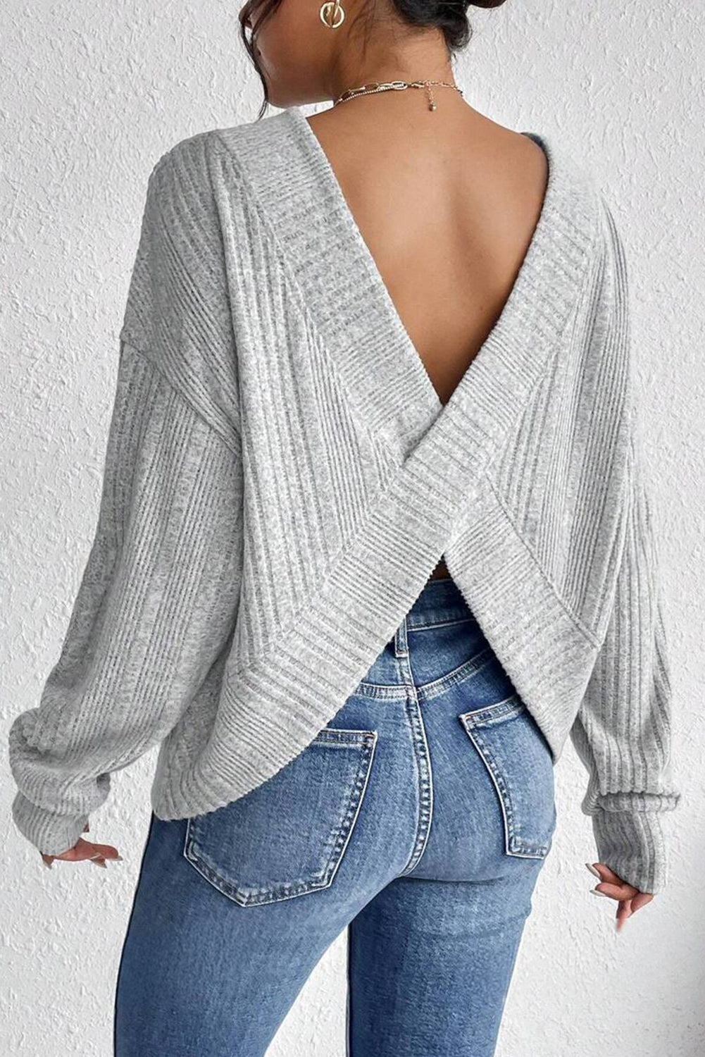 Light Grey, Crossover, Backless Long Sleeve Top