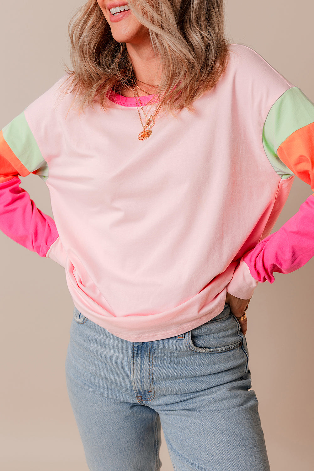 Long Sleeve, Loose-Fit Top - Patchwork Colorblock