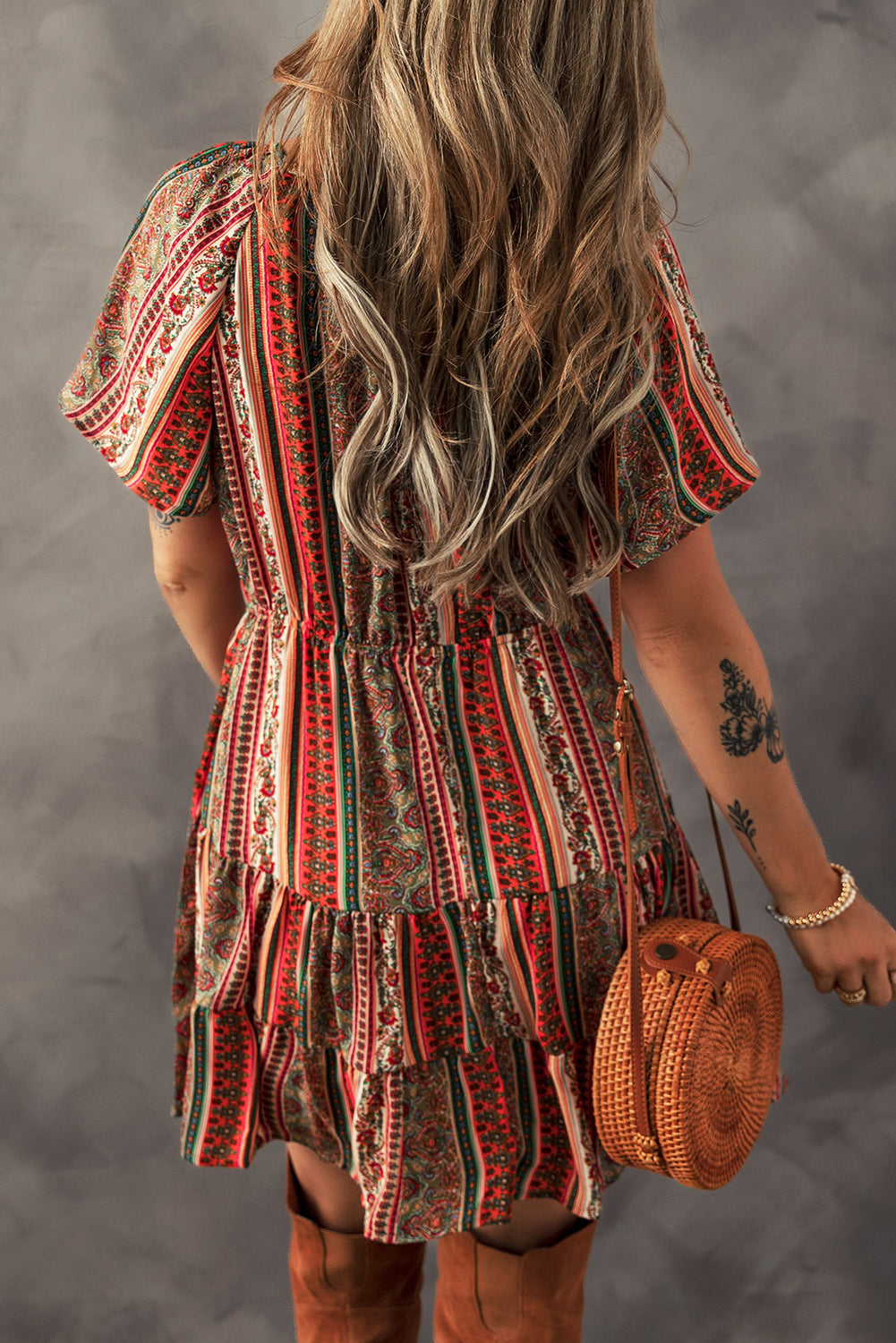 Red Bohemian Ruffle Tiered Dress - Floral Print, Buttoned, V Neck