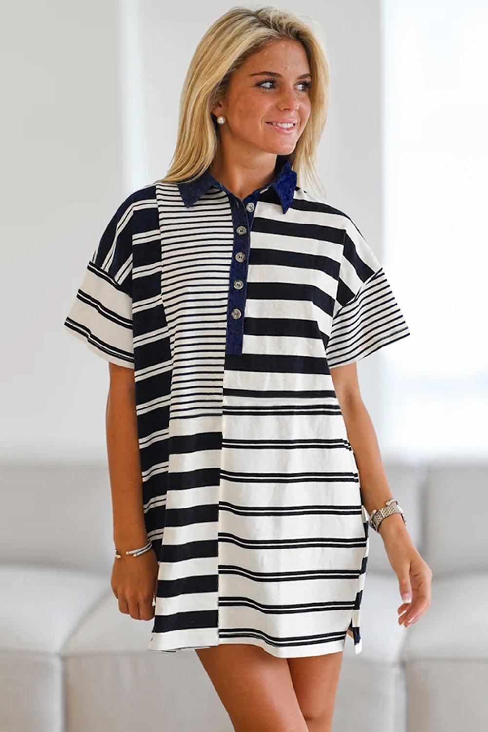 Black Stripe Half Placket T Shirt Dress - Polo Neck