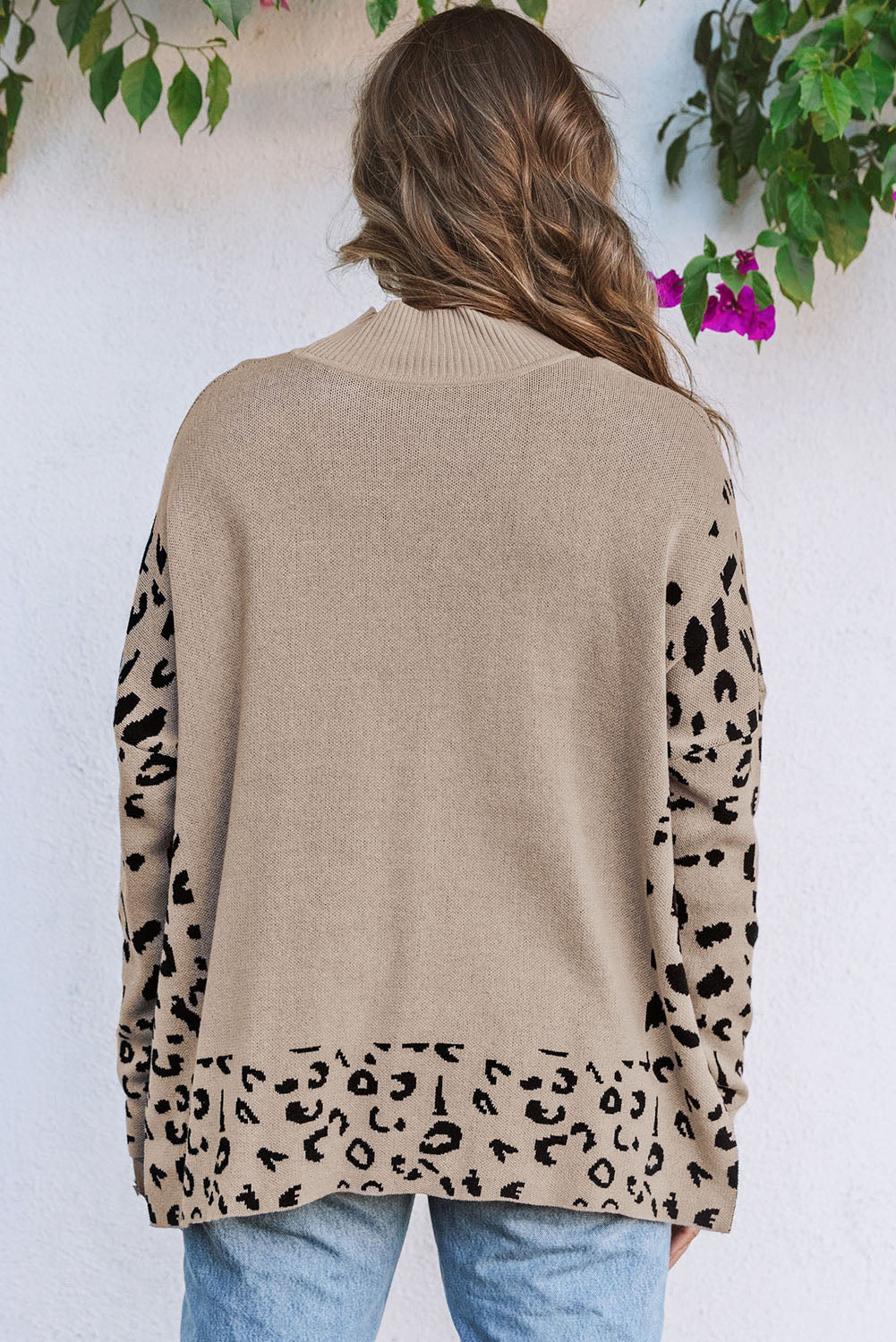 Leopard Print, High Neck, Oversized Sweater - W/Side Slit