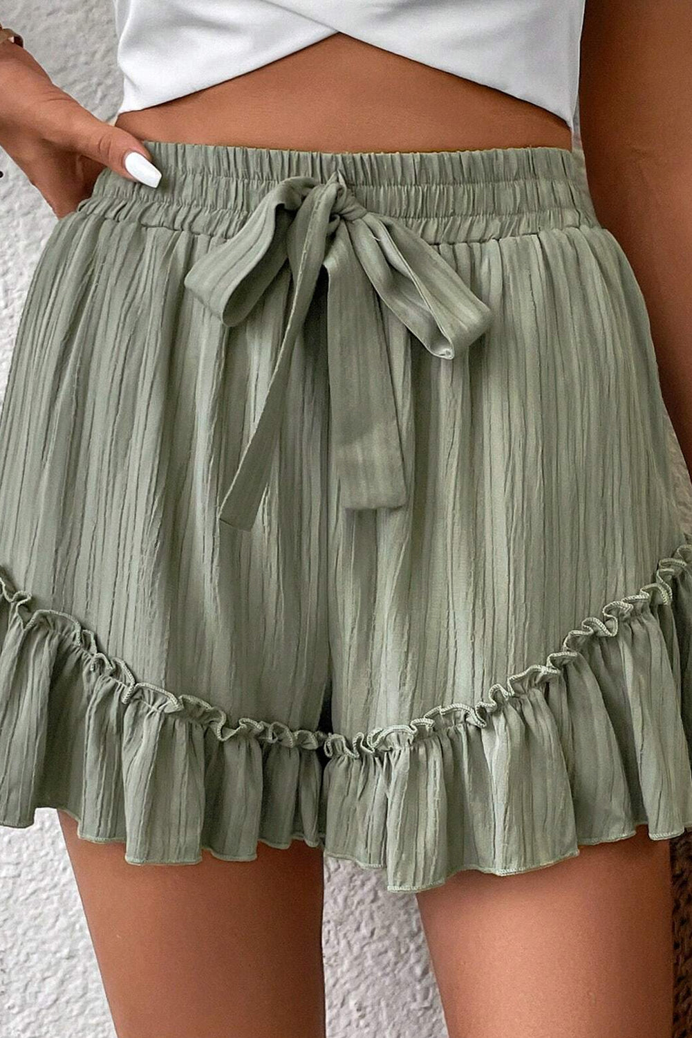 Laurel Green Ruffle Hem Shorts - Tie Waist