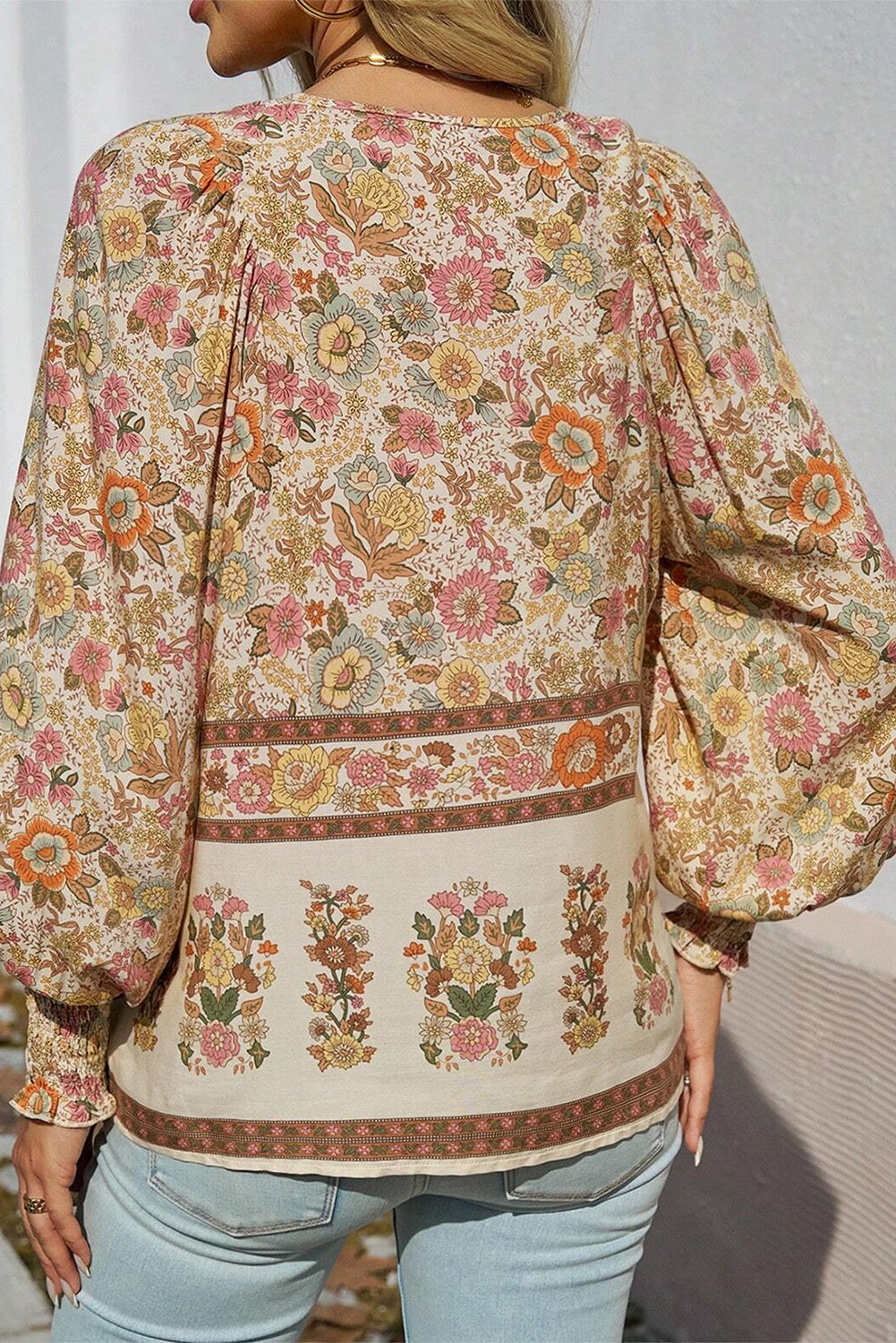 Feminine Floral Print, Lantern Sleeve Blouse
