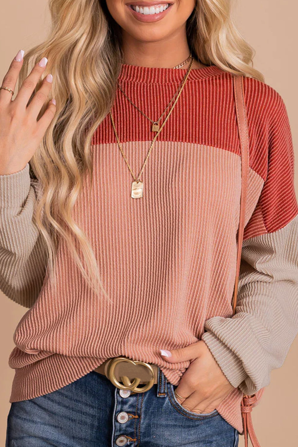 Color Block, Long Sleeve Loose Top - Ribbed Texture