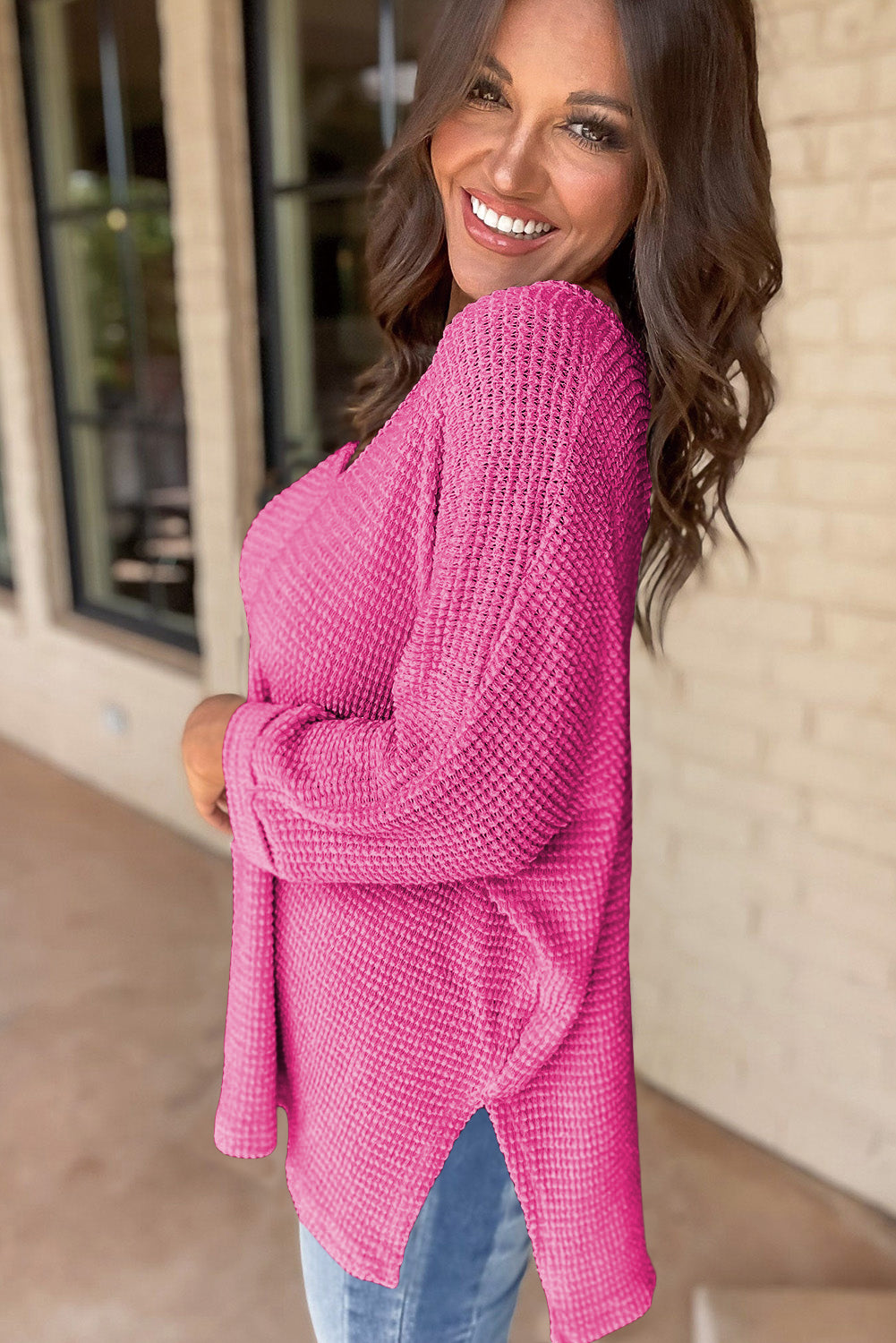 Waffle Knit V-Neck Top - Side Slits, Loose Fit