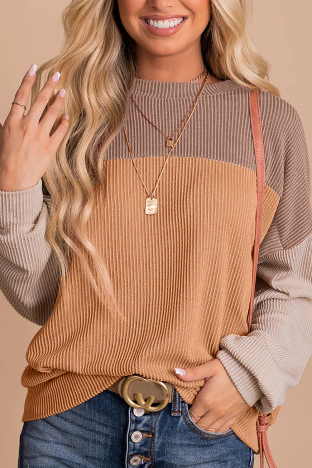 Color Block, Long Sleeve Loose Top - Ribbed Texture