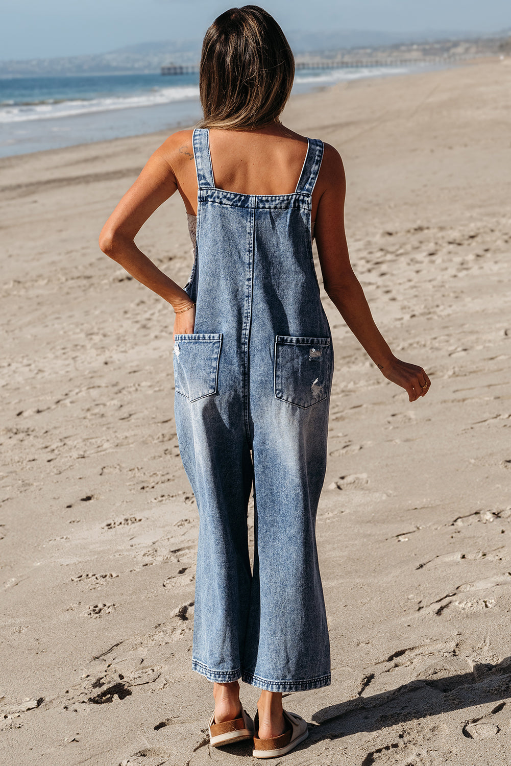 Stone Blue, Distressed Denim, Bib Overall  - Pockets, Wide Leg