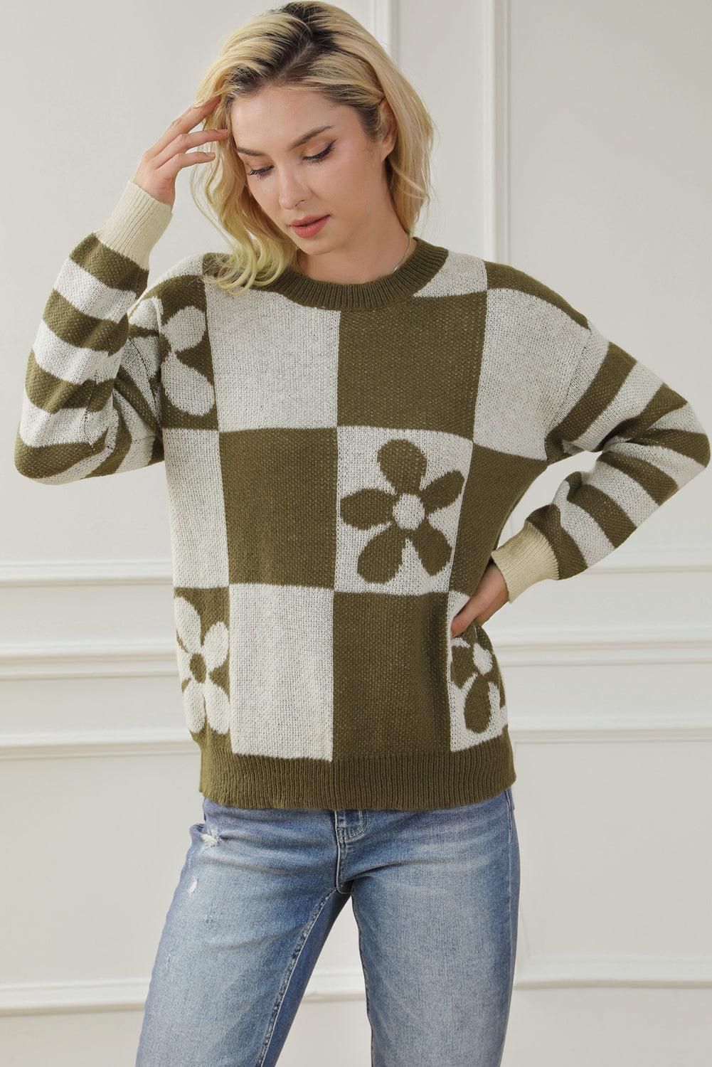 Checkered Floral Print Sweater