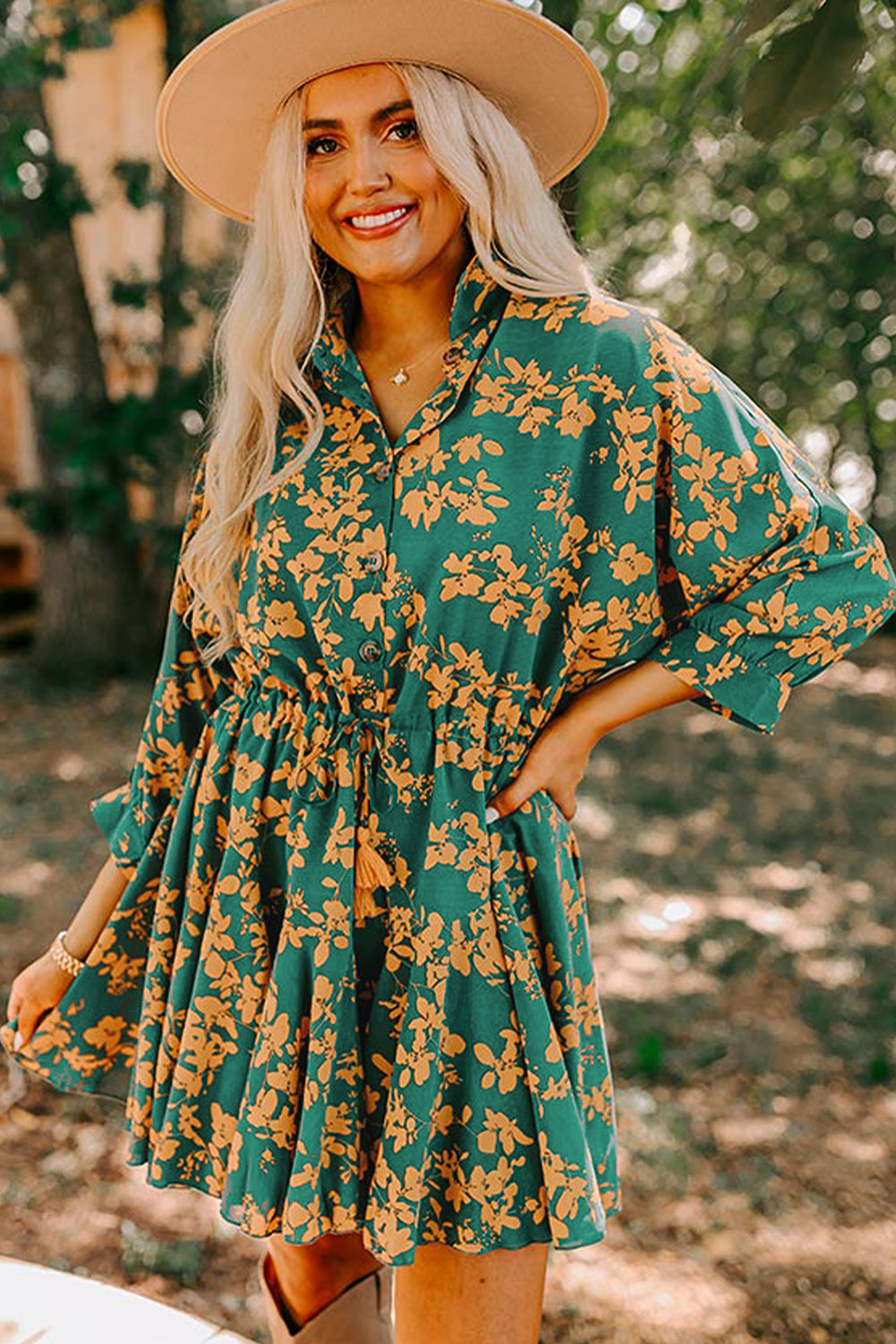 Flowy, Floral Print Drawstring Dress