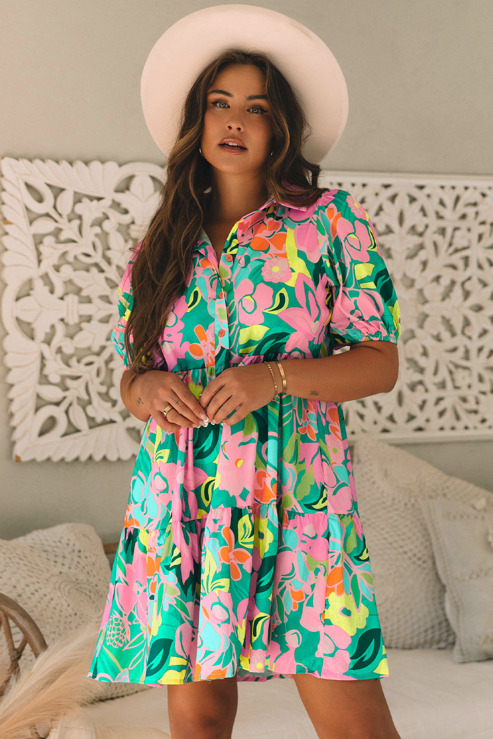 Babydoll Dress w/Floral Puff Sleeve