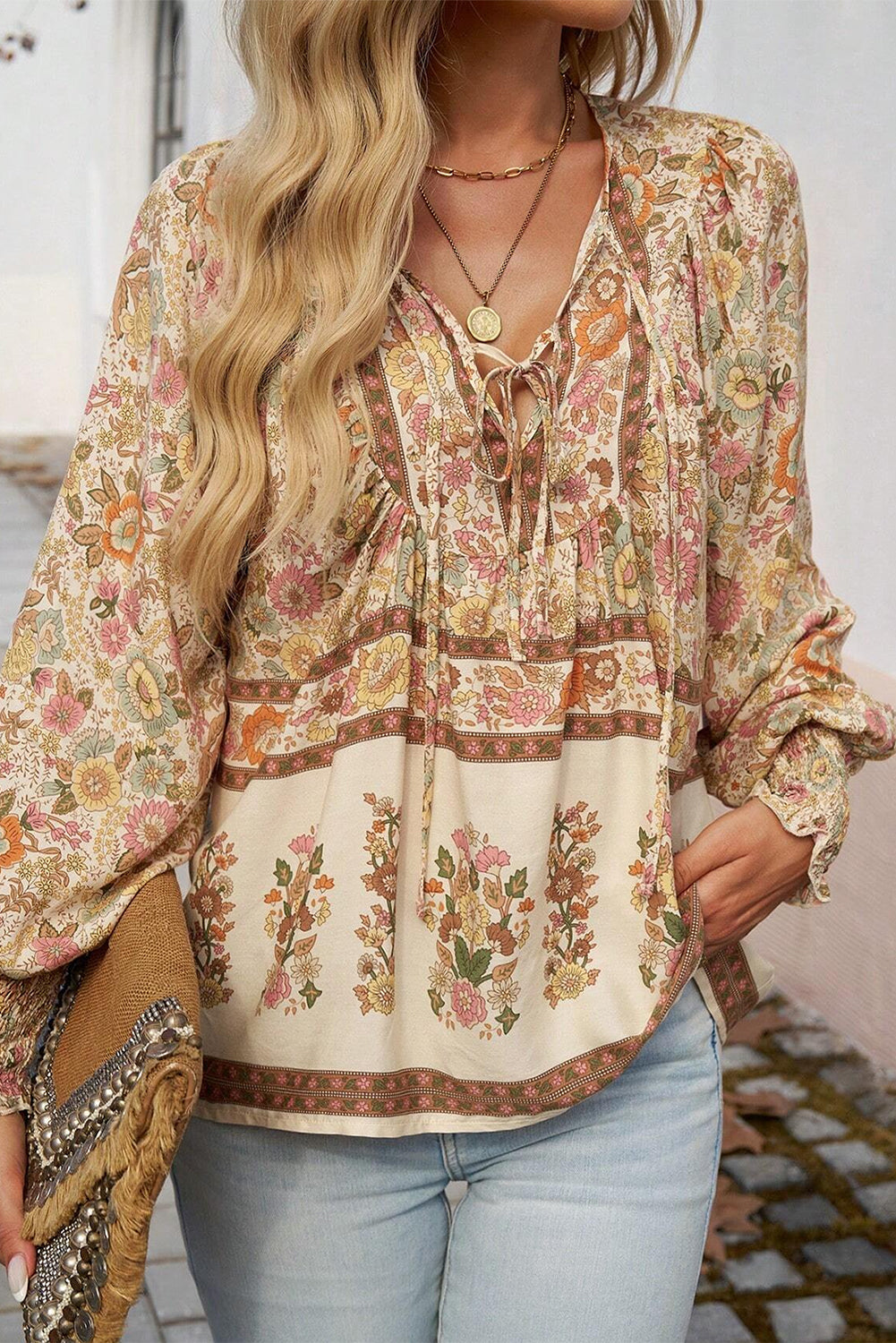 Feminine Floral Print, Lantern Sleeve Blouse