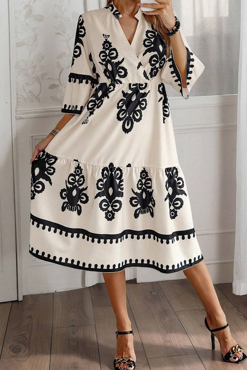 3/4 Sleeve Loose Midi Dress - Boho Print