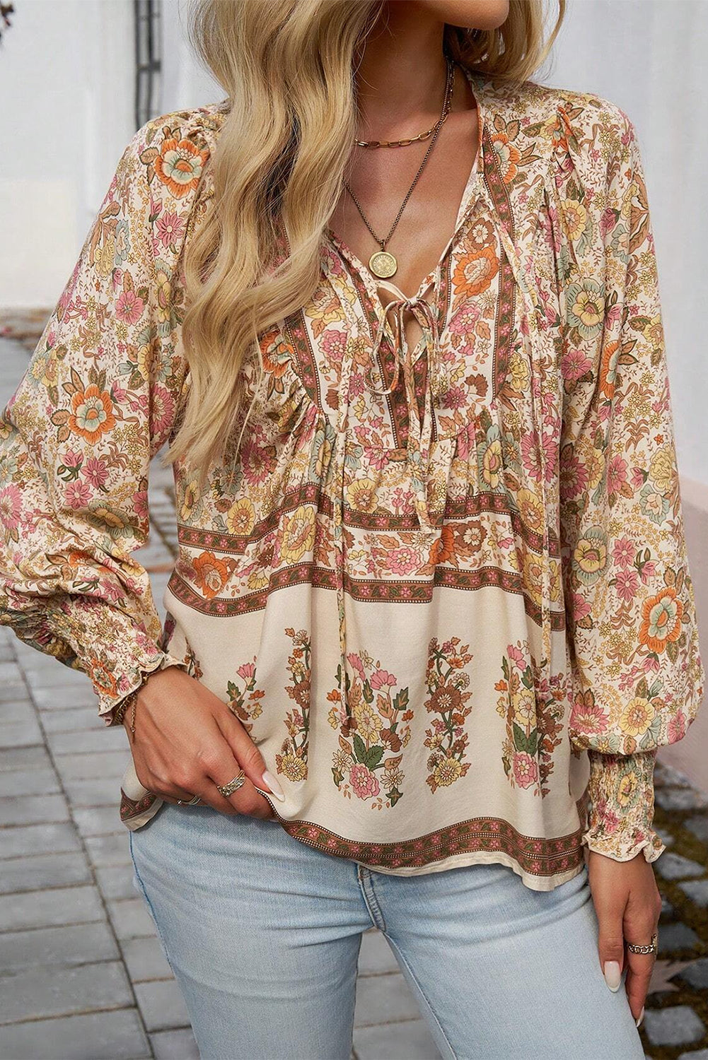 Feminine Floral Print, Lantern Sleeve Blouse