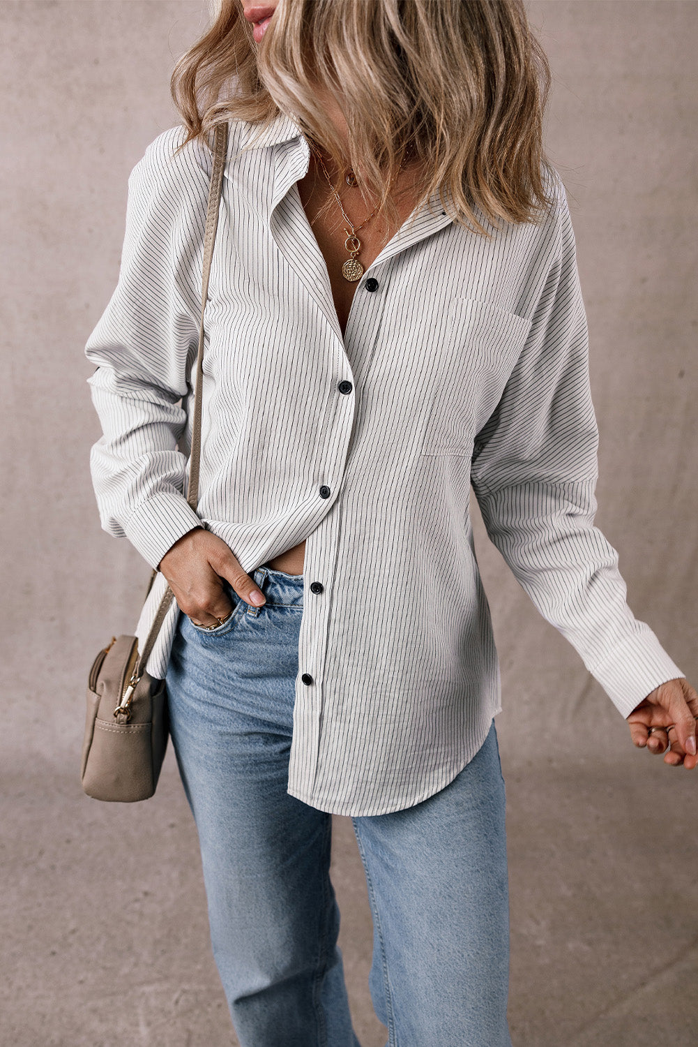 Striped Long-sleeved Shirt w/Roll-tab Sleeve