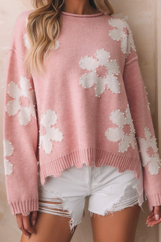 Pearl Beaded Floral Sweater - Drop Shoulder