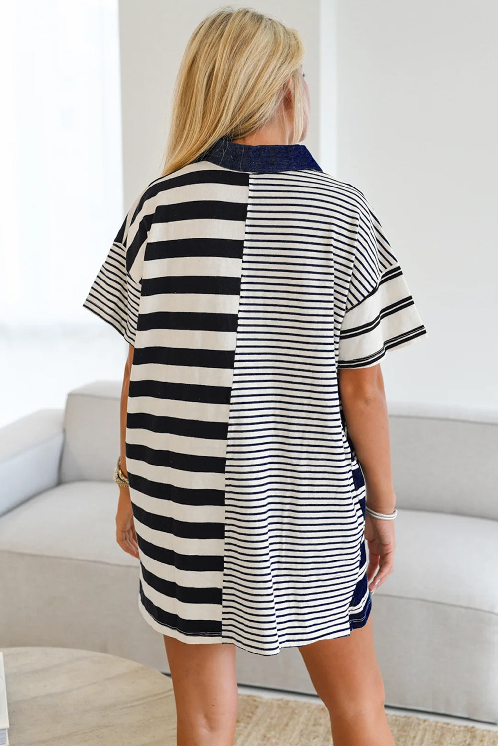 Black Stripe Half Placket T Shirt Dress - Polo Neck