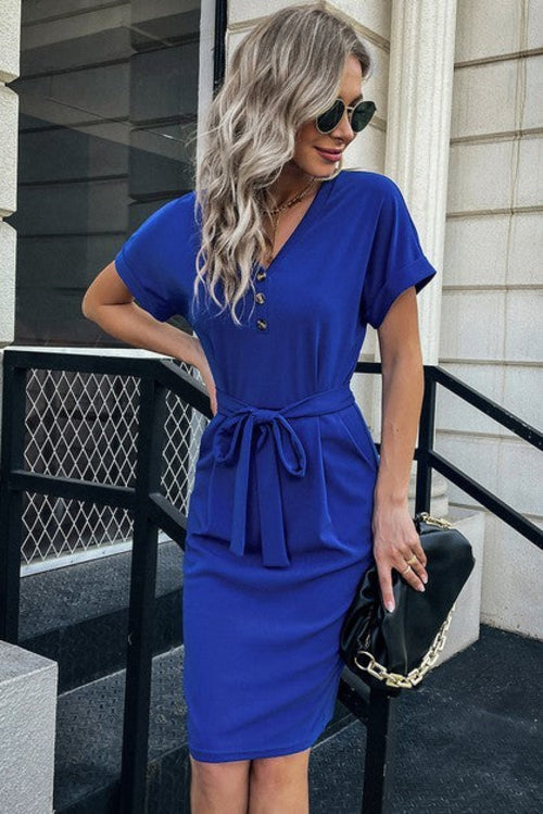 V-Neck Dress - Solid Button Detail, Cuffed Sleeves