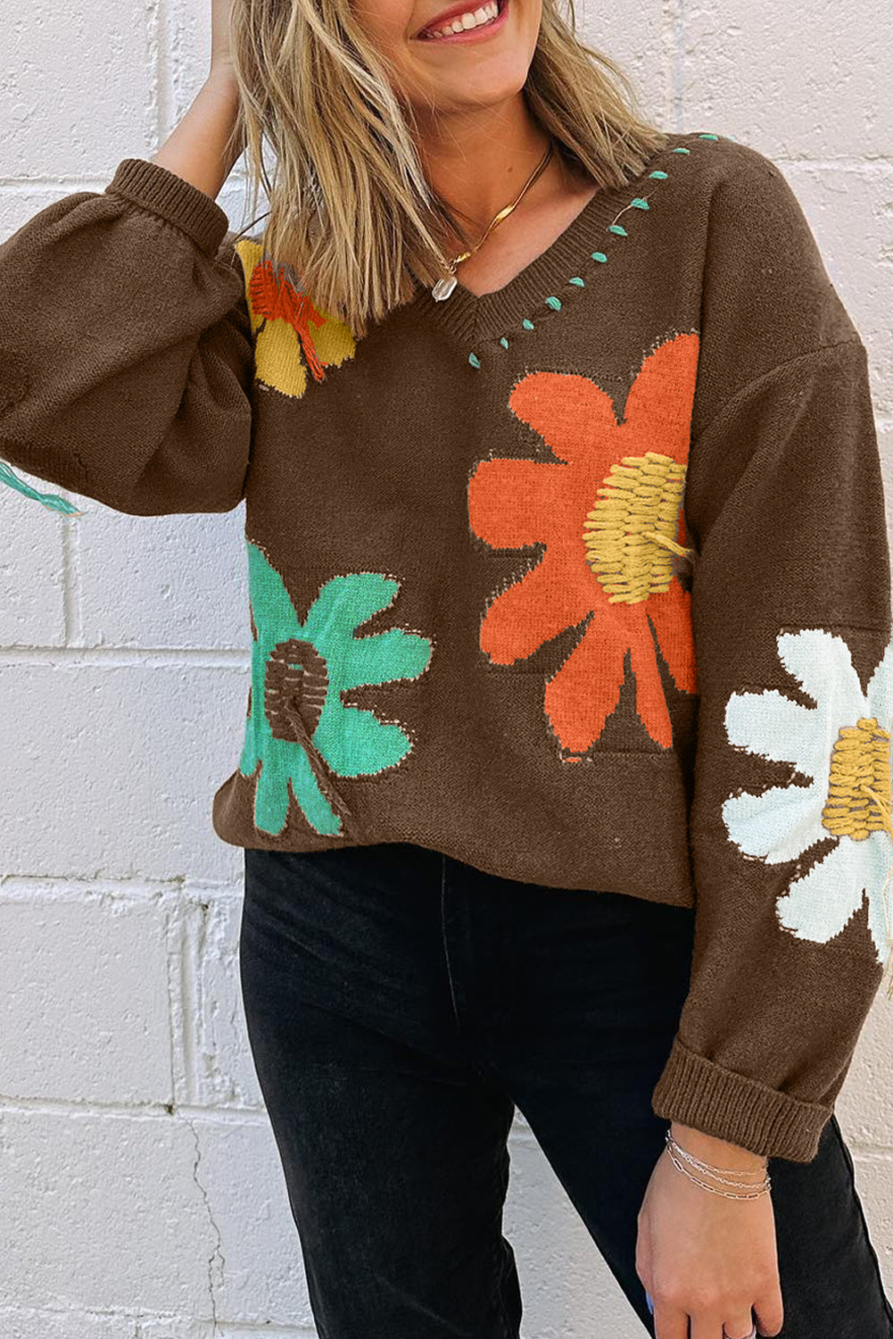 Eye-Catching Floral-Patterned Drop Shoulder Sweater