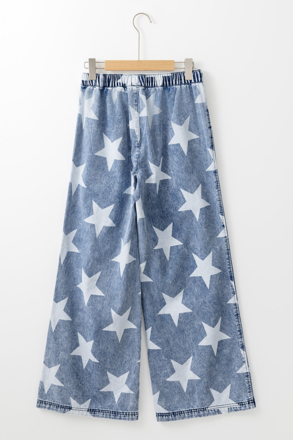 Light Blue, Star Print, Wide Leg Jeans - Light Wash, Drawstring Elastic Waistband